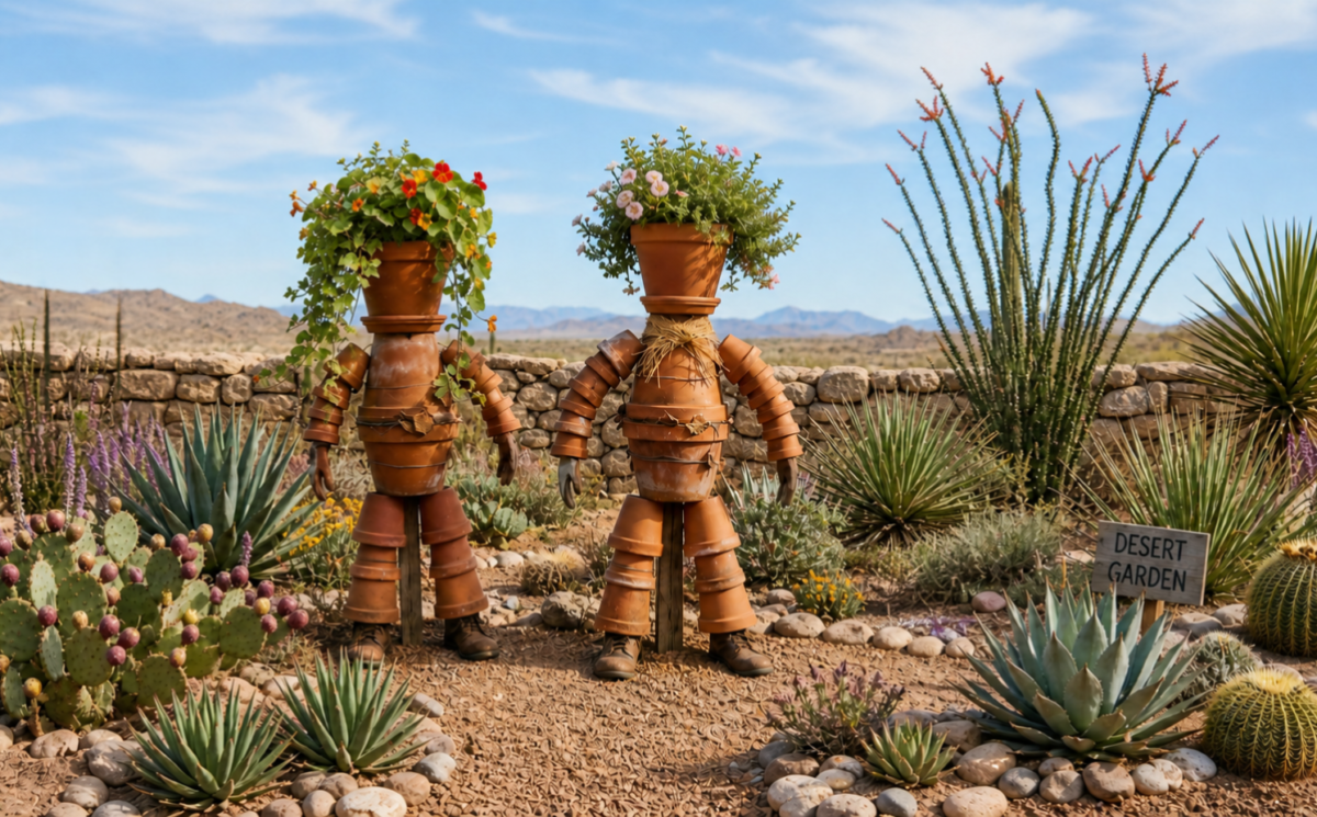 two scarecrow men dressed in terra cotta pots in desert garden